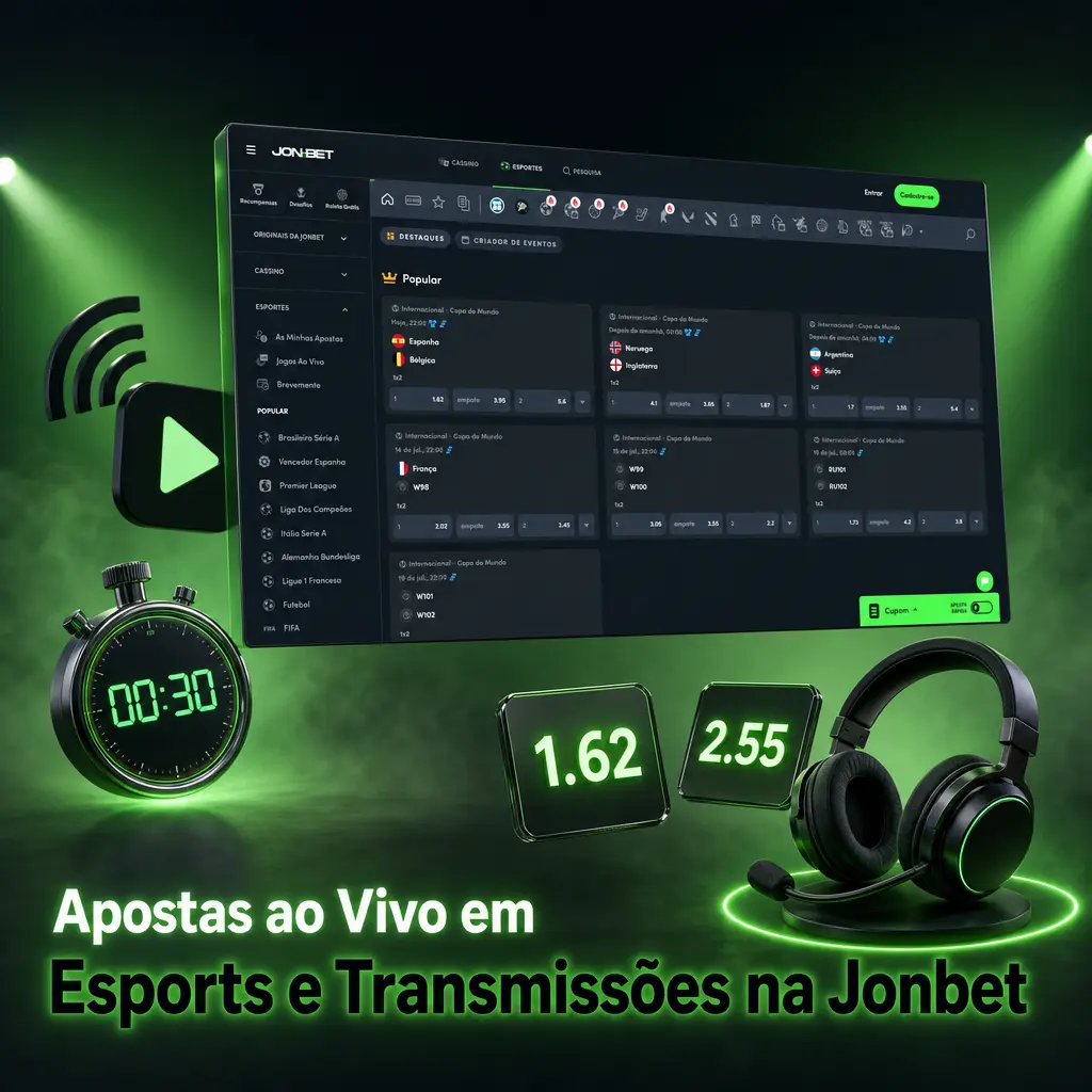 Apostas ao vivo em CS2, Dota 2, LoL e Valorant na Jonbet, com odds dinâmicas e transmissão incorporada da partida.
