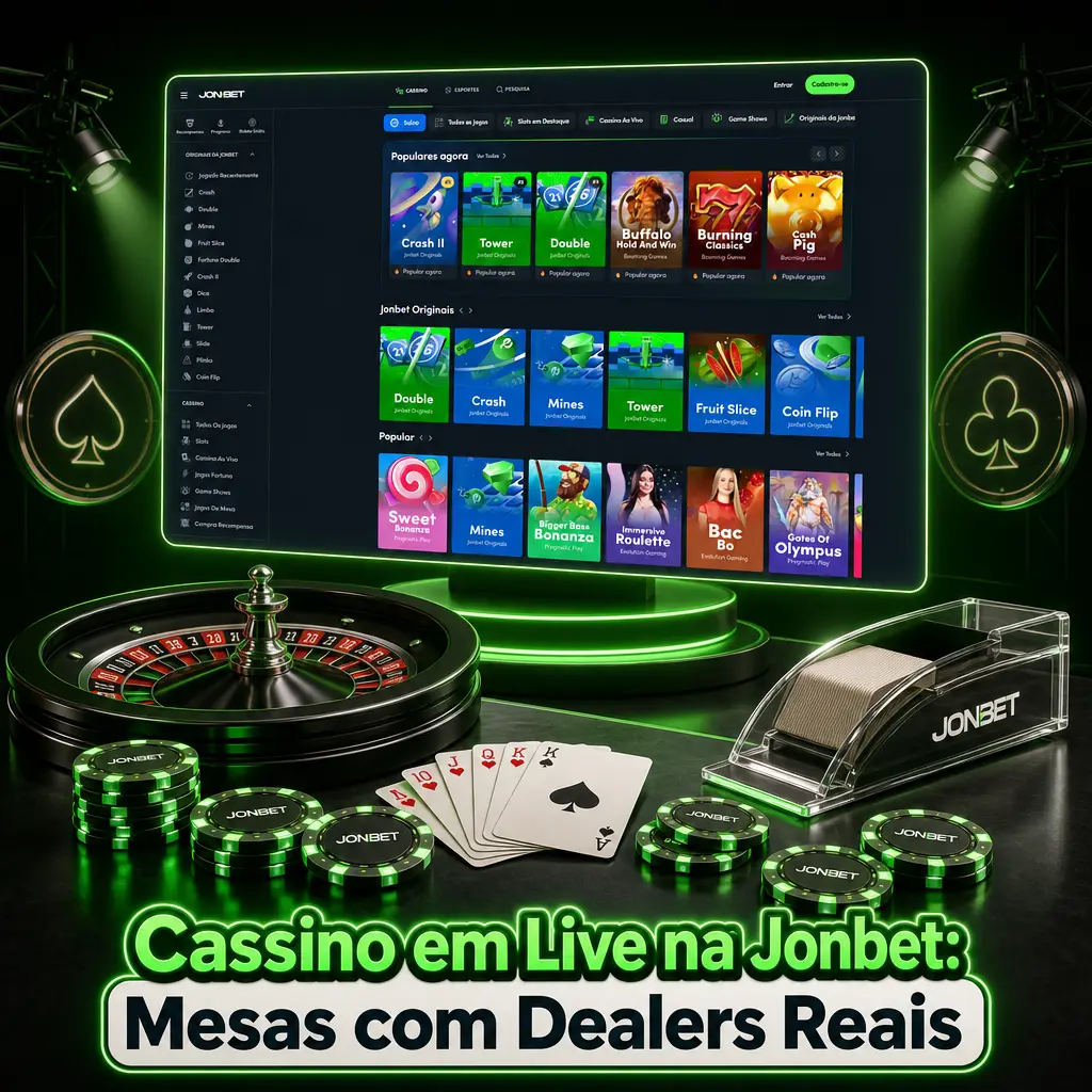 Cassino em live da Jonbet com dealers reais em mesas de roleta, blackjack, bacará, game shows e poker ao vivo.