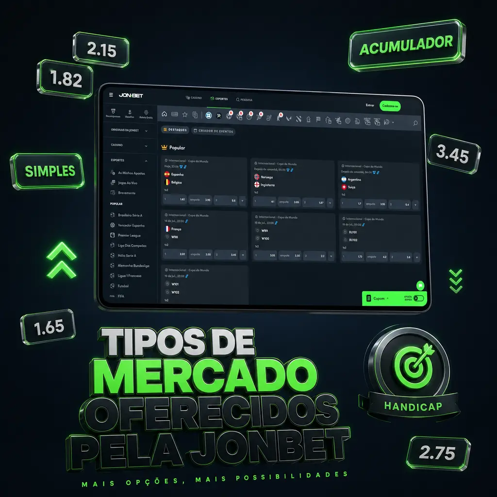 Tipos de mercado da Jonbet: 1X2, Handicap Asiático, Over/Under, Ambas Marcam e Empate Anula a Aposta.